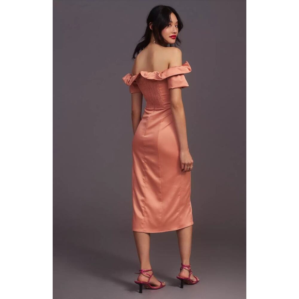 Anthropologie Ruffled Off-The-Shoulder Midi Dress Silky Side Slit Smocked Large - Picture 3 of 6